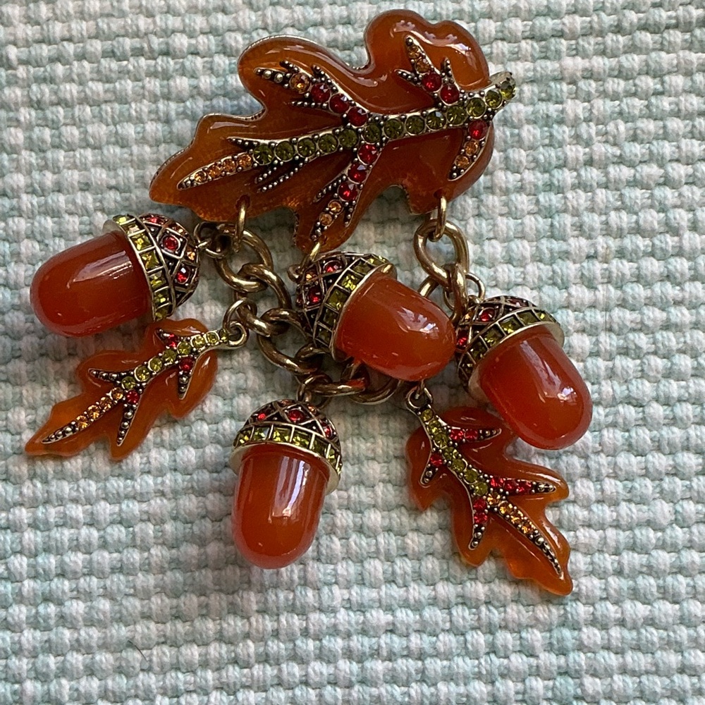 Heidi Daus Orange and Gold Leaf Acorn Brooch